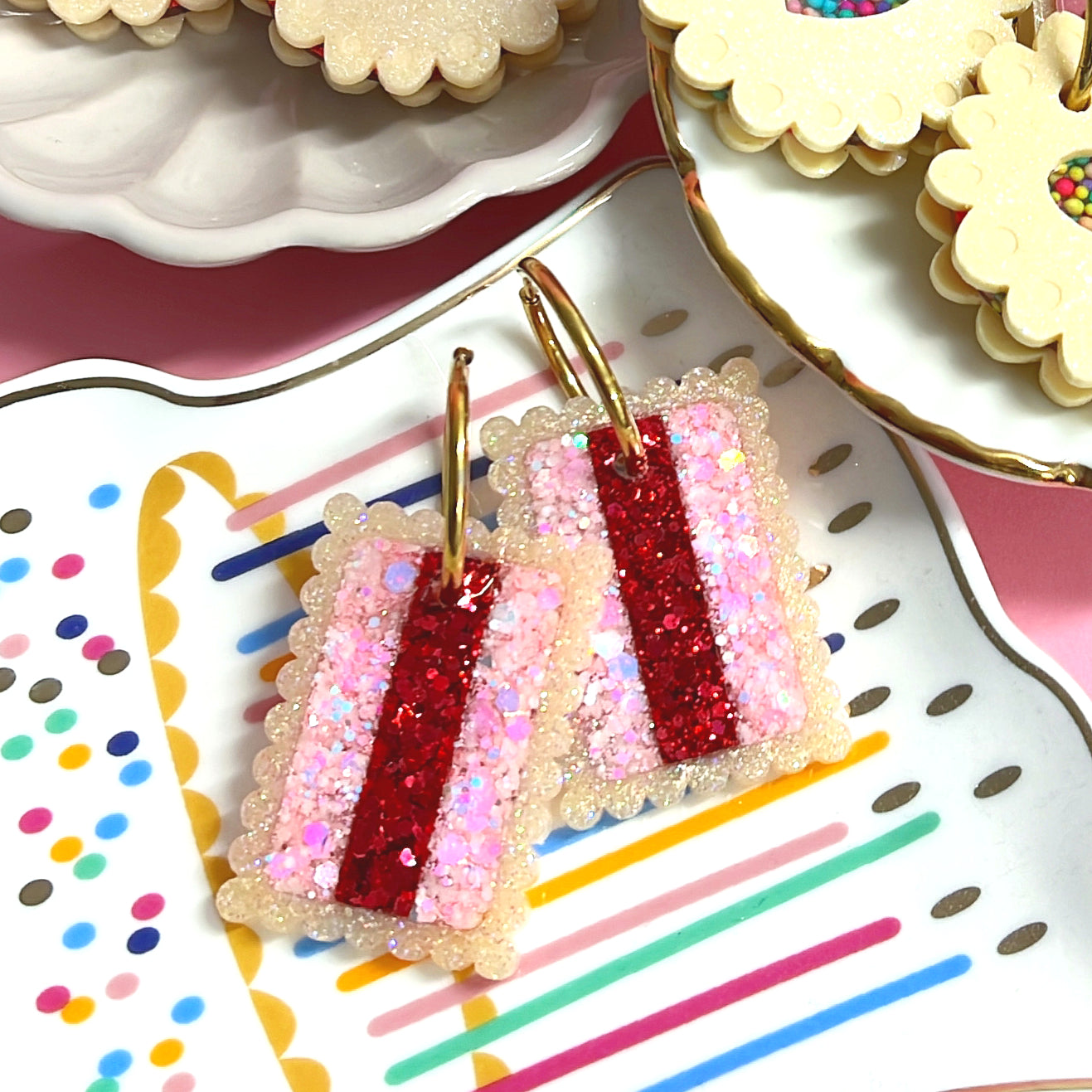 HELLO LITTLE ICED VOVO : Choose silver or gold hoops : Handmade Resin DROP Earrings