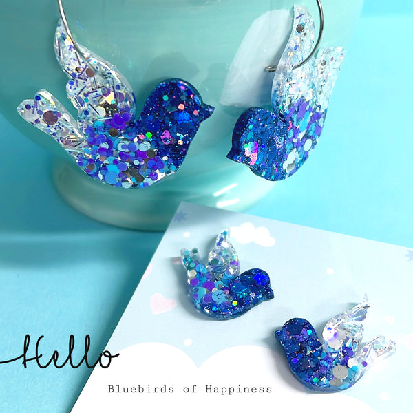 BLUEBIRD OF HAPPINESS : STUDS or DROPS : Handmade Holographic Resin Earrings