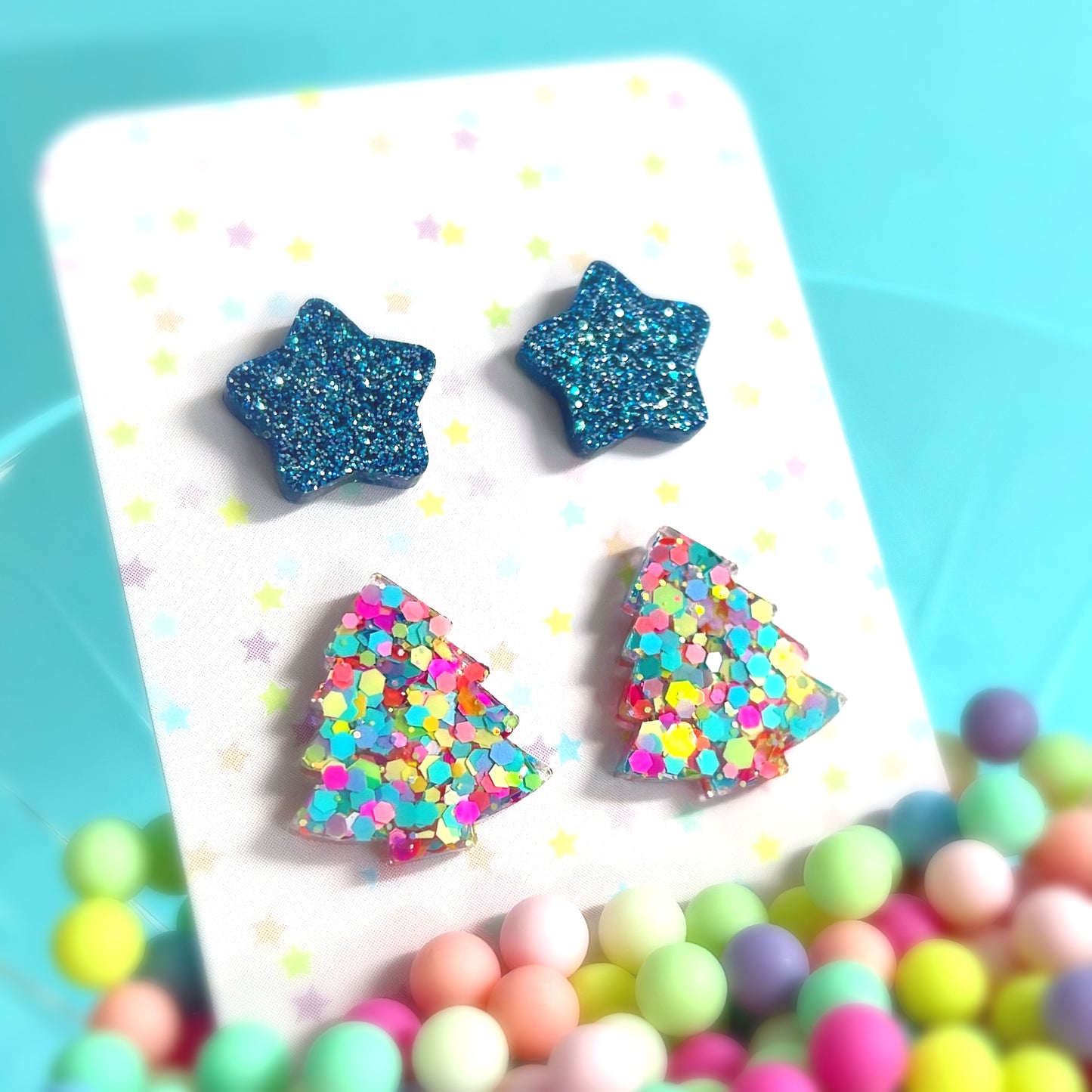 STAR & CHRISTMAS TREE STUD SET : Aqua shimmer stars + Confetti rainbow trees : Handmade Resin STUD Earrings