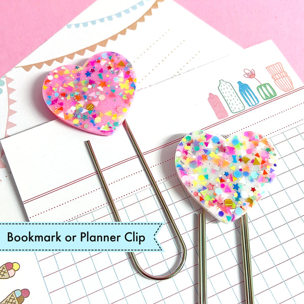 FUNFETTI HEART : Choose your colour : Handmade Resin Bookmark or Planner Clip