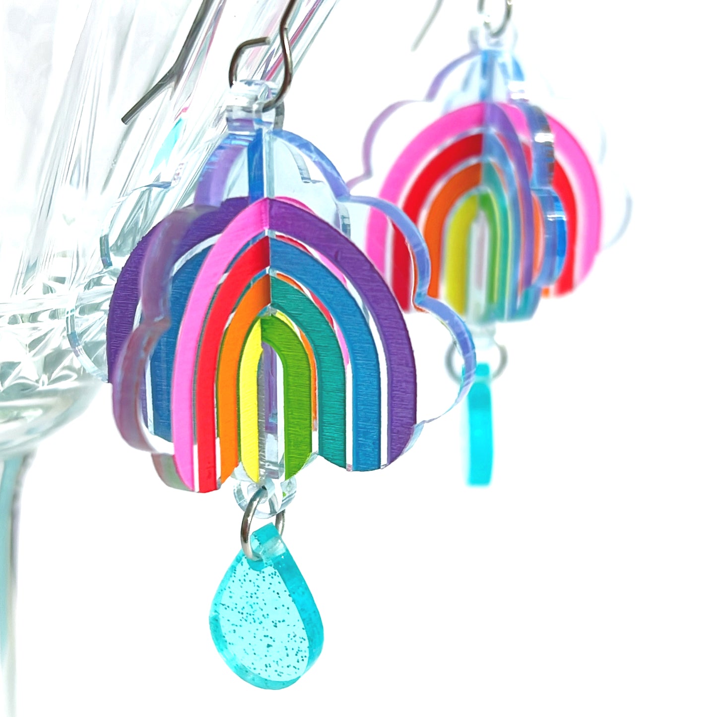 3D RAINBOW CLOUDS : Handmade Acrylic Drop Earrings