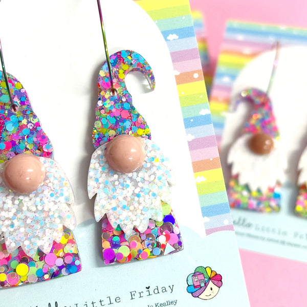 RAINBOW CONFETTI GNOMES : Handmade Resin DROP Earrings