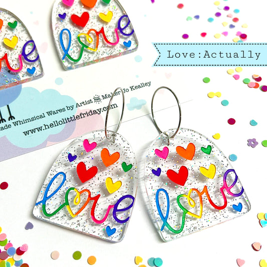 LOVE ACTUALLY : HOLOGRAPHIC GLITTER : Handpainted Acrylic Drop Earrings