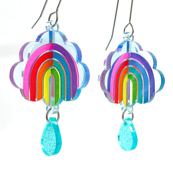 3D RAINBOW CLOUDS : Handmade Acrylic Drop Earrings
