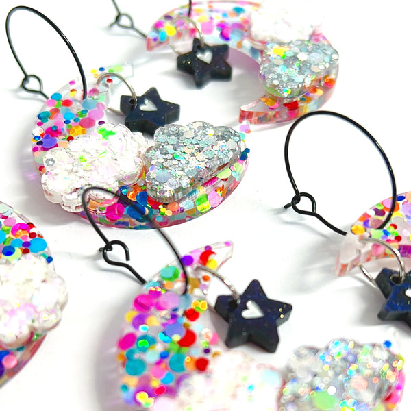 RAINBOW CONFETTI MOON : Handmade Holographic Resin Drop Earrings