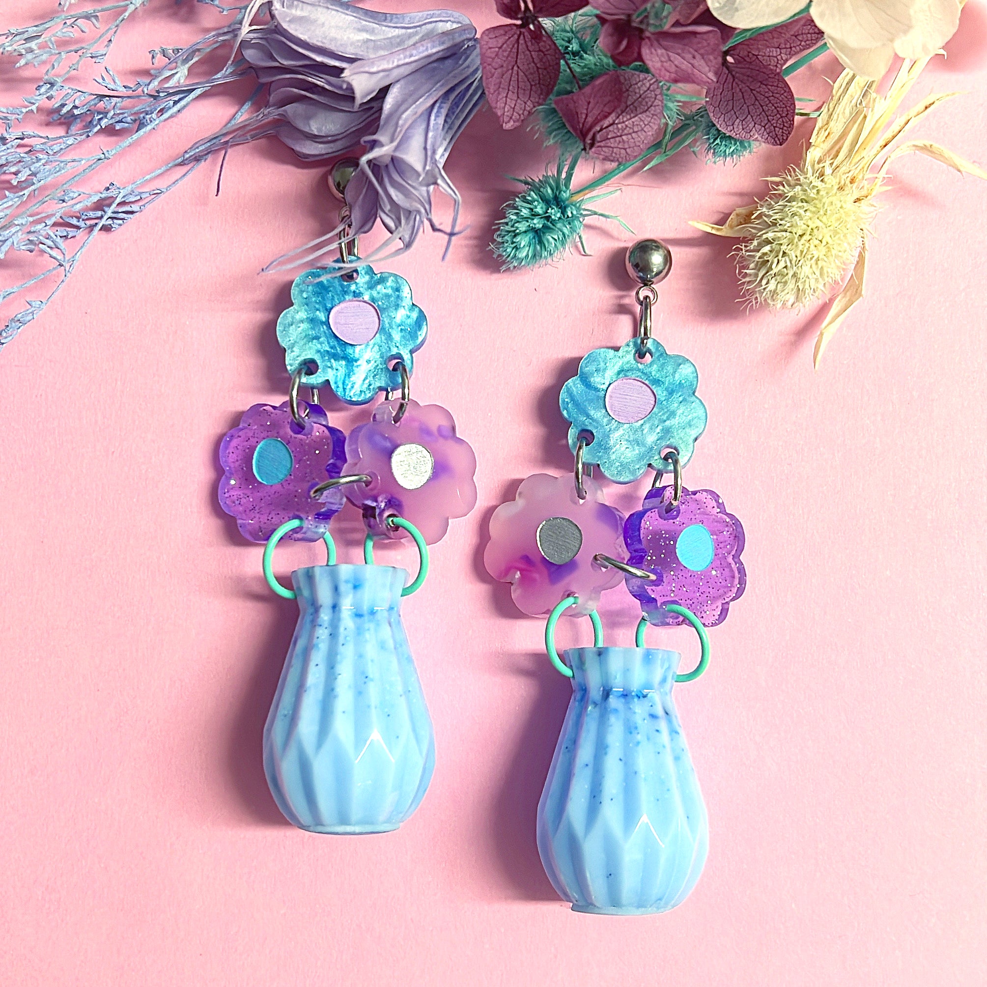 BEAUTIFUL BOUQUETS : 3D VASE : Handmade Acrylic & Resin DROP Earrings
