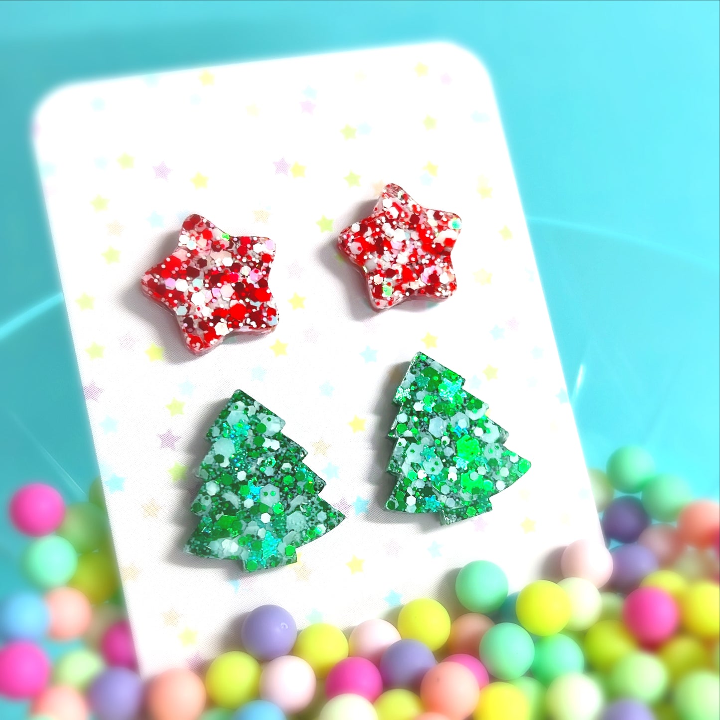 STAR & CHRISTMAS TREE STUD SET : Red silver stars + Emerald green trees : Handmade Resin STUD Earrings