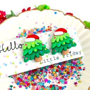 CHRISTMAS TREE WITH SANTA HAT : Resin STUD Earrings