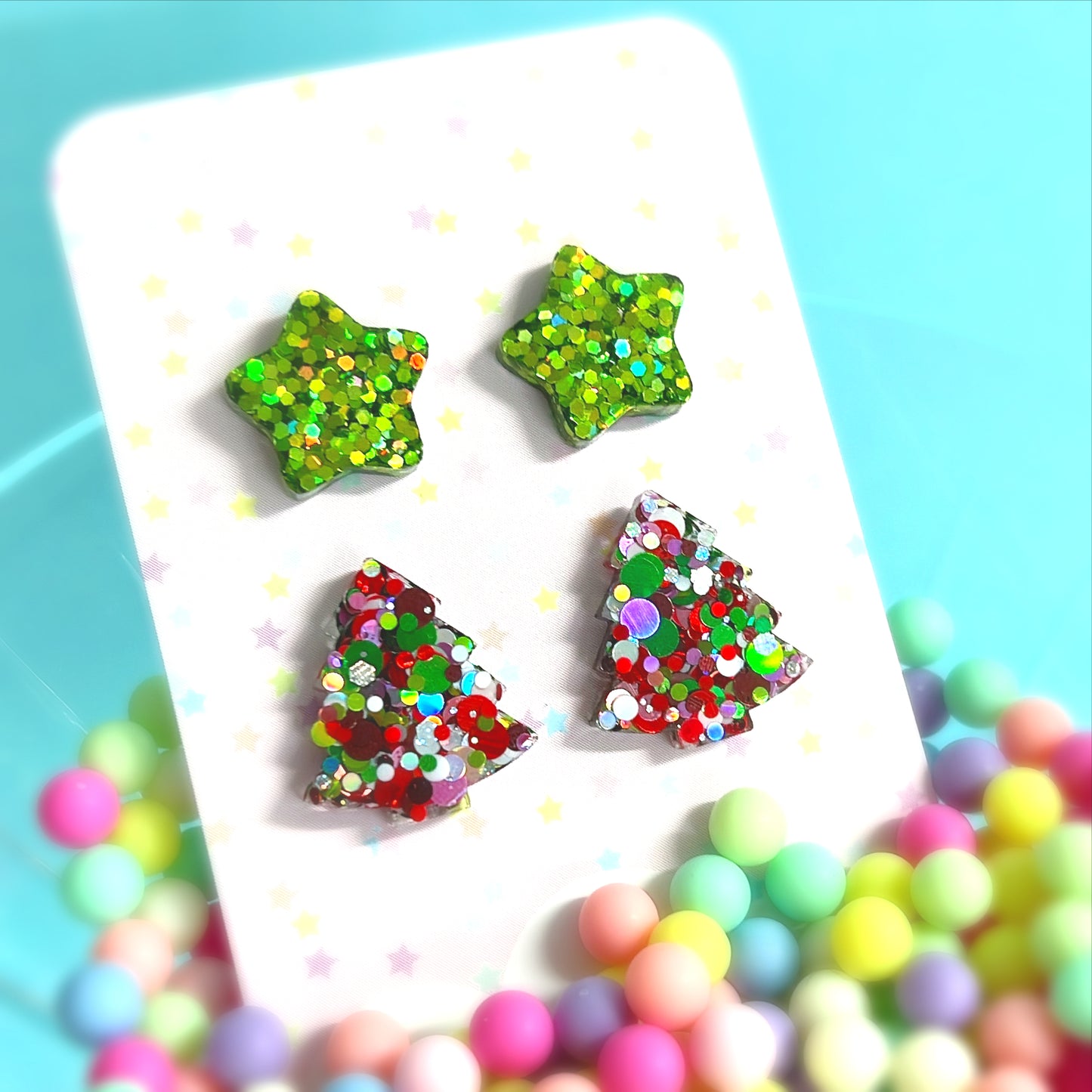 STAR & CHRISTMAS TREE STUD SET : Vibrant green stars + Traditional red green silver trees : Handmade Resin STUD Earrings