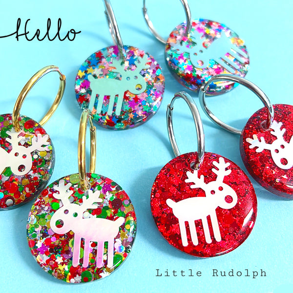 RUDOLPH THE RED NOSE REINDEER : Choose your colour : Handmade Resin DROP Earrings