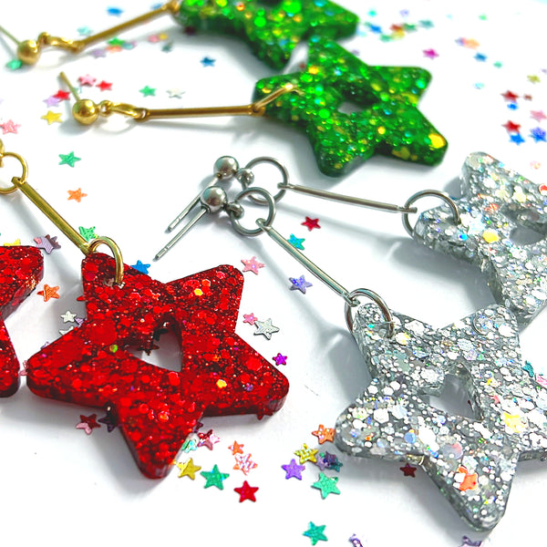 FESTIVE STARS - DROPS : Choose Silver, Red or Green : Handmade Resin Earrings