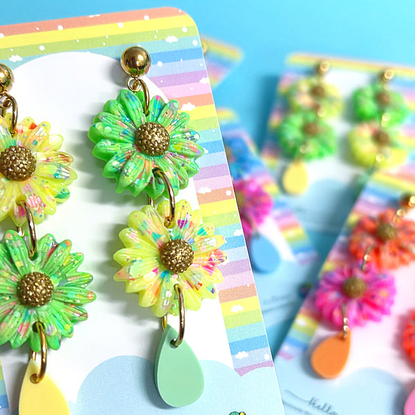 CRAZY FOR DAISY : DOUBLE DROPS : Handmade Resin Stud top Drop Earrings