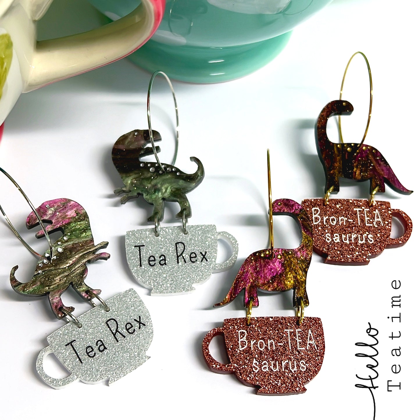 TEA Rex + Bron TEA saurus : TEA CUPS : Handmade Acrylic DROP Earrings