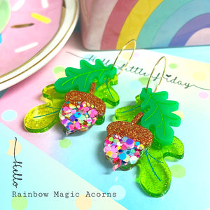 RAINBOW ACORNS & OAK LEAVES ~ Handmade Acrylic & Resin Drop earrings