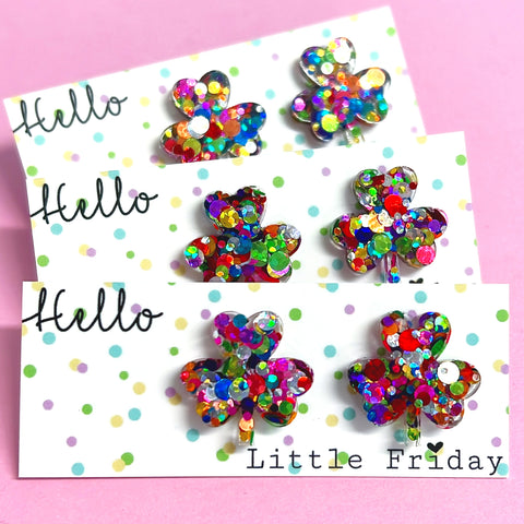 LUCKY CLOVERS : RAINBOW DISCO : Handmade Resin STUD Earrings