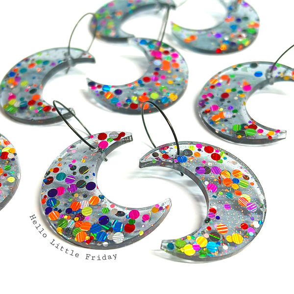 MIDNIGHT DISCO MOON : Handmade Holographic Resin Drop Earrings